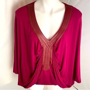 Sky Brand burgundy batwing v-neck top with leather trim L